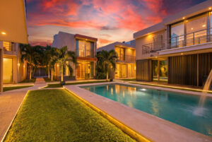 Colorful evening sky viewed from the tropical garden at Sophie’s Loft in Cozumel