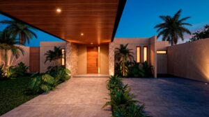 Beautiful tropical walkway leading to the main entrance of Casa Sacbé, a custom home designed for Cozumel living.