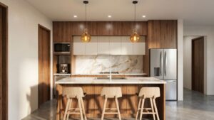 Modern kitchen in Casa Sacbé with contemporary design and open living concept for a custom home in Cozumel.