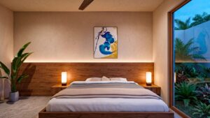 Beautiful bedroom rendering in Casa Sacbé with a modern tropical design for comfortable living in Cozumel.
