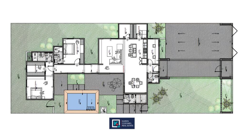 Floor plan of Casa Sacbé showing the layout of this custom single-story home designed for tropical living in Cozumel.