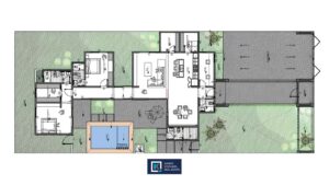 Floor plan of Casa Sacbé showing the layout of this custom single-story home designed for tropical living in Cozumel.